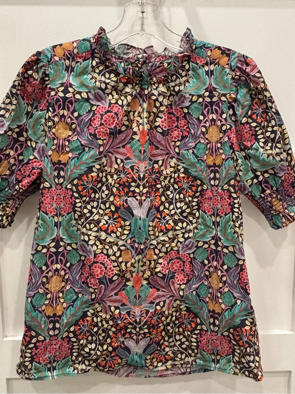 J. Crew Purple Multi Floral Botanical Smocked-Neck Puff Sleeve Blouse